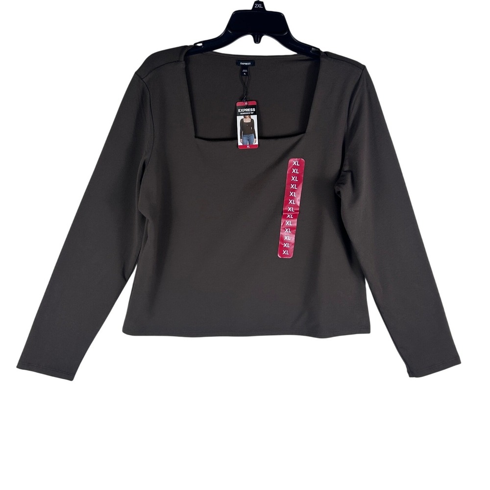 Express Squareneck Top Womens XL Brown Long Sleeve Knit Solid Casual New‎ NWT
